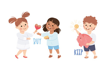 Sticker - Little Boy and Girl Buying Cookie and Keeping Money in Piggy Bank Demonstrating Vocabulary and Verb Studying Vector Set