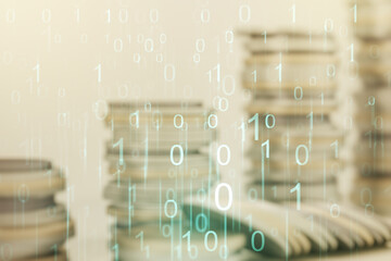 Aufkleber - Abstract virtual binary code hologram on coins background, AI and machine learning concept. Multiexposure