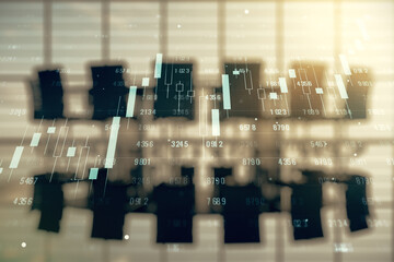 Poster - Abstract virtual analytics data spreadsheet on a modern coworking room background, analytics and analysis concept. Multiexposure