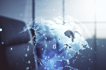Poster - Double exposure of abstract programming language hologram and world map on a modern meeting room background, research and development concept