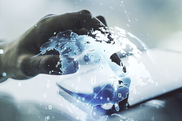 Aufkleber - Multi exposure of abstract programming language hologram with world map and hand working with a digital tablet on background, artificial intelligence and neural networks concept