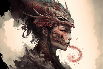 Portrait of a Asian witch dragon woman, red blood angry fantasy human, concept art dark wizard, illustration digital generative ai design art style