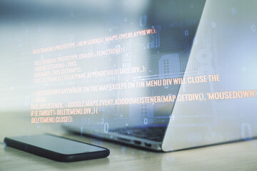 Aufkleber - Double exposure of abstract creative programming illustration on computer background, big data and blockchain concept