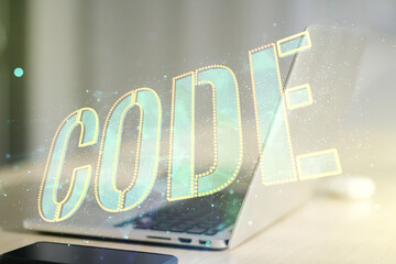 Aufkleber - Creative Code word hologram on modern computer background, artificial intelligence and neural networks concept. Multiexposure