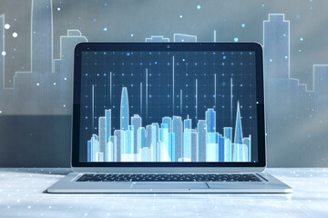 Aufkleber - Close up of laptop screen at workpkace with abstract glowing city skyline hologram on blurry background. Metaverse, innovation and technology concept. 3D Rendering.