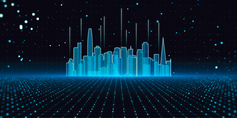 Poster - Abstract glowing city skyline hologram on blurry tech background. Metaverse, innovation and technology concept. 3D Rendering.