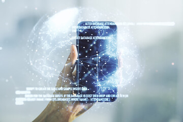 Aufkleber - Multi exposure of abstract software development hologram with world map and hand with cell phone on background, global research and analytics concept