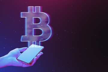 Aufkleber - Close up of female hand holding smartphone with glowing digital bitcoin hologram on dark purple background with mock up place. Cryptocurrency and finance concept.