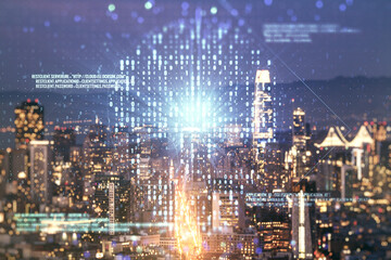 Poster - Double exposure of abstract virtual creative code skull hologram on San Francisco city skyscrapers background. Malware and cyber crime concept