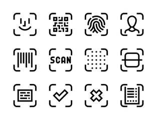 Poster - qr code, face recognition and scan process line vector icons. identification, authentication and obj