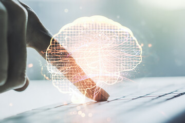 Poster - Creative artificial Intelligence concept with human brain hologram and hands typing on laptop on background. Multiexposure