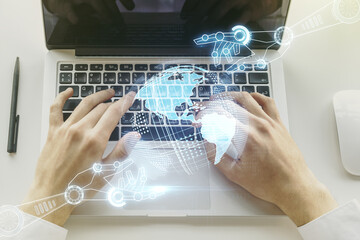 Aufkleber - Creative abstract robotics technology sketch with globe and hands typing on computer keyboard on background, future technology and AI concept. Double exposure