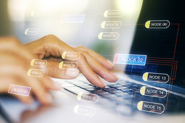 Poster - Double exposure of abstract programming language hologram with hands typing on laptop on background, research and development concept