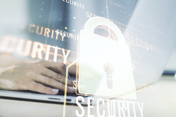 Aufkleber - Creative idea concept with lock symbol and microcircuit illustration and hands typing on laptop on background. Protection and firewall concept. Multiexposure
