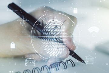 Aufkleber - Double exposure of abstract creative fingerprint hologram with man hand writing in notebook on background, research and development concept