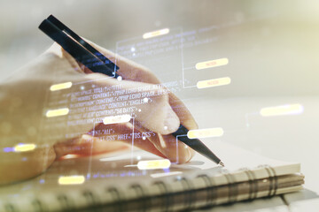 Aufkleber - Abstract creative coding illustration with man hand writing in diary on background, software development concept. Multiexposure
