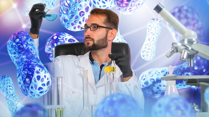 Poster - biologist man. laboratory assistant studies probiotic organisms. male scientist examines liquid in t