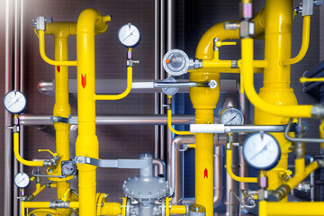 Poster - gas control equipment. yellow pipeline in basement. natural gas supplies. regulators and pressure re