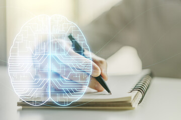 Poster - Double exposure of creative human brain microcircuit with man hand writing in notepad on background. Future technology and AI concept