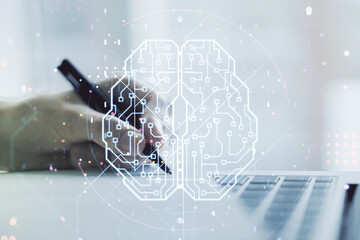 Poster - Creative artificial Intelligence concept with human brain sketch and hand writing in diary on background with laptop. Double exposure