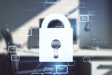 Poster - Double exposure of creative lock hologram with email symbols and modern desktop with laptop on background. Information security concept