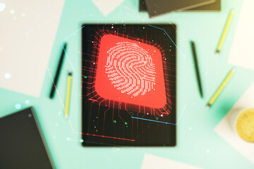Aufkleber - Multi exposure of creative fingerprint hologram and digital tablet on background, top view, personal biometric data concept