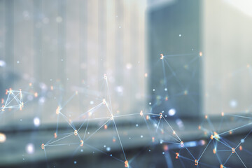 Poster - Abstract virtual wireless technology hologram on blurry modern office building background. Big data and database concept. Multiexposure