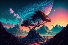 Landscape Scene On A Distant Alien World, Ancient Autumn Tree In A Mountainous Canyon Under A Dramatic Neon Cloudy Sky With A Huge Moon Hanging Above. Fantasy Illustration.