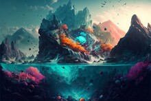 Landscape Scene On A Distant Alien World, Mountainous  Seascape Under A Dramatic Sky With Strange Birds. Neon Coral Underwater. Fantasy Illustration.