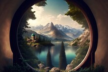 Landscape Of A Distant Alien World, View From A Round Abandoned Archway, Mountainous Scene With A Lake Reflecting A Dramatic Cloudy Sky With Birds And A Moon Hanging Above. Fantasy Illustration.



