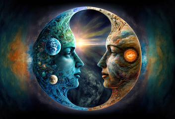 Wall Mural - Synchronicity of the soul, finding oneself, finding the other, mirroring, spirituality, esoterism, faith, meditation, universe, cosmos, self-finding, fantasy, other reality. generative AI