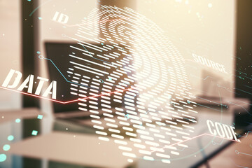 Aufkleber - Multi exposure of creative fingerprint hologram on laptop background, personal biometric data concept