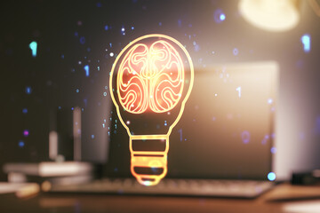 Aufkleber - Creative light bulb with human brain hologram on modern laptop background, artificial Intelligence and neural networks concept. Multiexposure