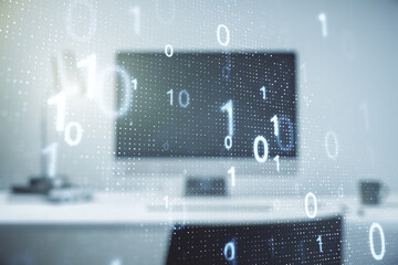 Aufkleber - Double exposure of creative abstract binary code hologram on laptop background. Database and programming concept