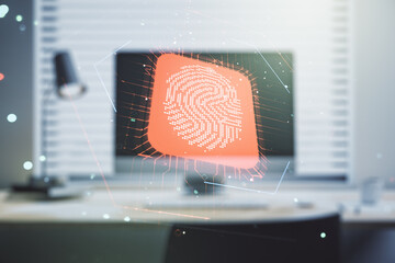 Poster - Multi exposure of abstract fingerprint scan interface on computer background, digital access concept
