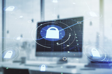 Poster - Creative idea concept with lock symbol and microcircuit illustration on modern laptop background. Protection and firewall concept. Multiexposure
