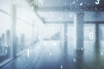 Poster - Multi exposure of abstract graphic coding sketch and world map on modern interior background, big data and networking concept