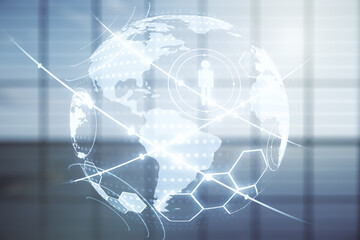 Poster - Virtual social network hologram and world map on empty corporate office background. Multiexposure
