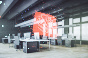 Aufkleber - Multi exposure of virtual abstract fingerprint illustration on a modern furnished office background, digital access concept