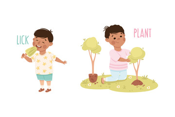 Sticker - Little Boy Licking Ice Cream and Planting Tree Demonstrating Vocabulary and Verb Studying Vector Set