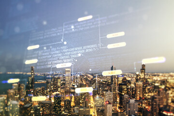Poster - Multi exposure of abstract creative coding sketch on Chicago city skyline background, artificial intelligence and neural networks concept