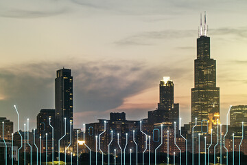 Poster - Double exposure of abstract virtual circuit hologram on Chicago city skyscrapers background. Research and development hardware concept