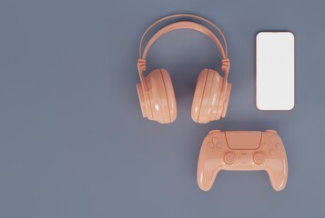 Headphones, phone and game controller on the background. The concept of playing games, listening to music through headphones, technology. Playing games for entertainment. 3D render, 3D illustration.