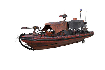 Poster - Lifeboat dinghy with anti zombie protection and weapons for a fantasy post apocalyptic world. 3D illustration isolaed.
