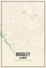 Retro US City Map Of Bradley, Illinois. Vintage Street Map.