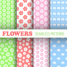 Chamomile, Hibiscus, Roses And Lotus Flowers. Floral Seamless Patterns Collection. Best For Textile, Wallpapers, Wrapping Paper, Package And Home Decoration.
