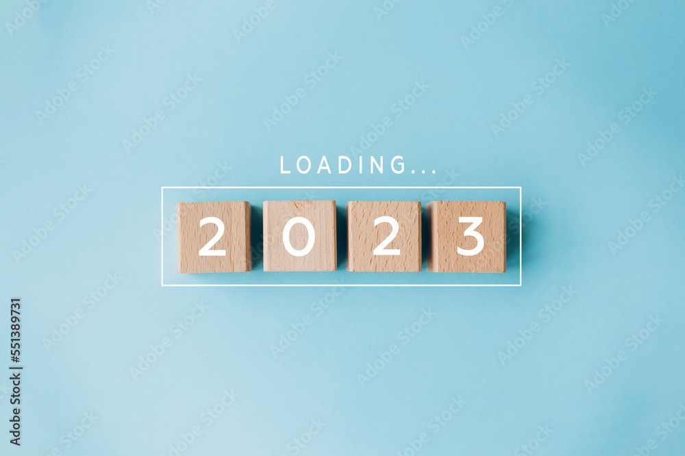 2023 New Year Loading. Loading bar with wooden blocks 2023 on blue ...
