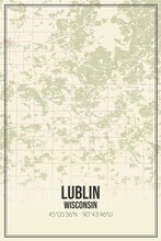 Retro US City Map Of Lublin, Wisconsin. Vintage Street Map.
