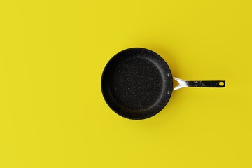 Canvas Print - Black frying pan on a yellow background. The concept of frying, cooking. Buying equipment for the kitchen, dishes. 3d render.