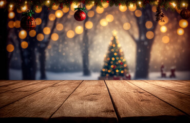 Wall Mural - Empty wood table top with blur Christmas tree with bokeh light background	